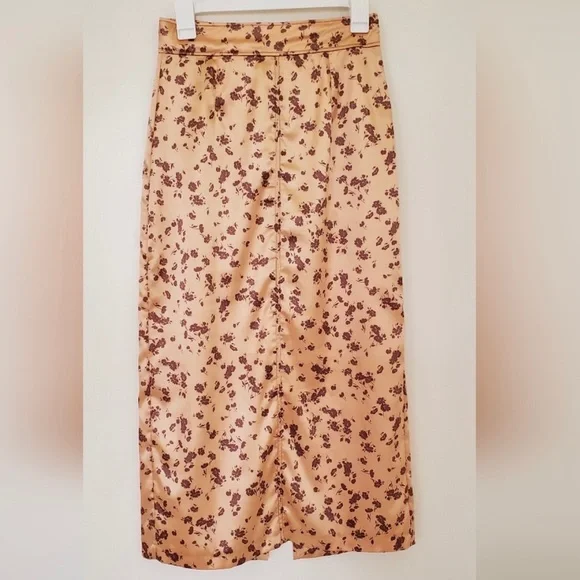 Zara gold / brown floral satin midi skirt with side slit - Picture 6 of 13